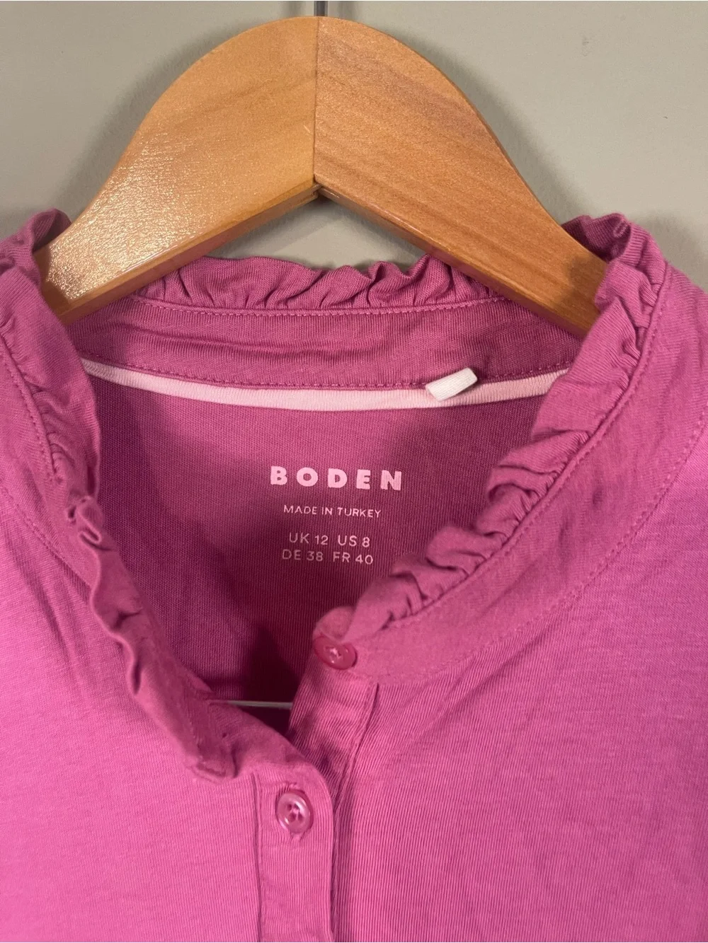 Boden Pink Supersoft Frill Henley Long Sleeve Top-US 8